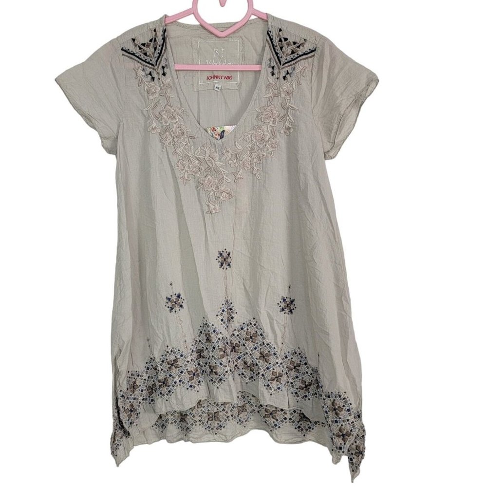 Johnny Was Lisa Drape Tunic Top Grey Embroidered Boho New Size XS